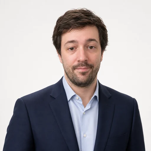 After — fictional white studio headshot result, same subject