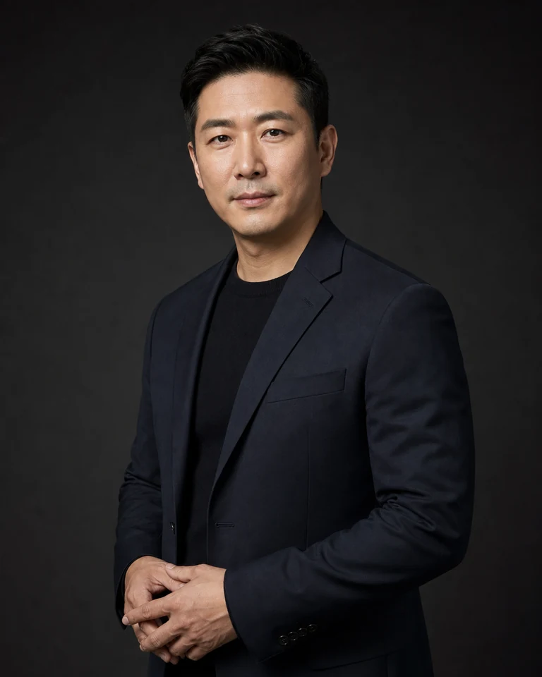 Fictional AI-generated male dark executive studio upper-body portrait