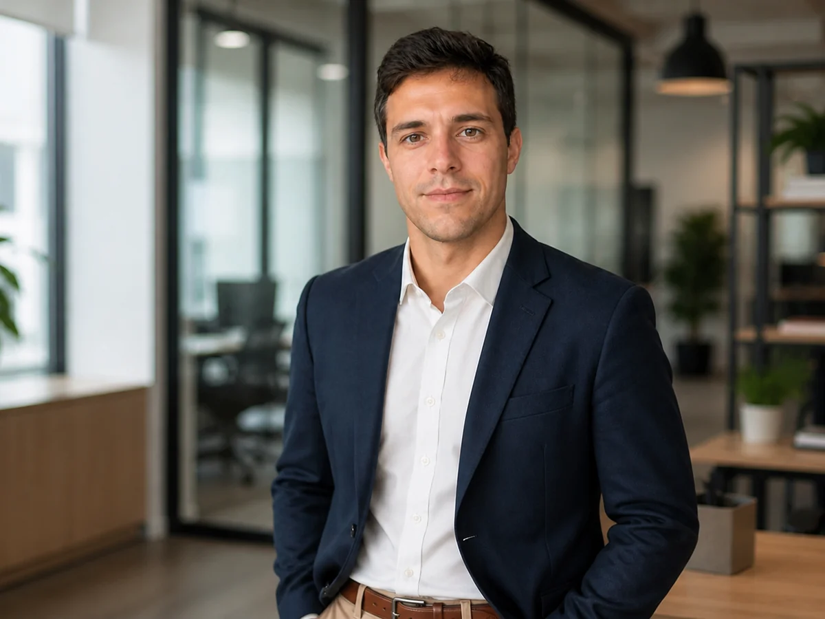 Fictional AI-generated featured professional portrait in a modern office background