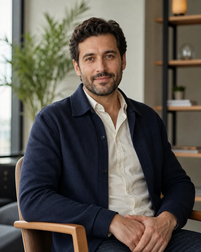 Fictional AI-generated seated founder portrait in a modern workspace
