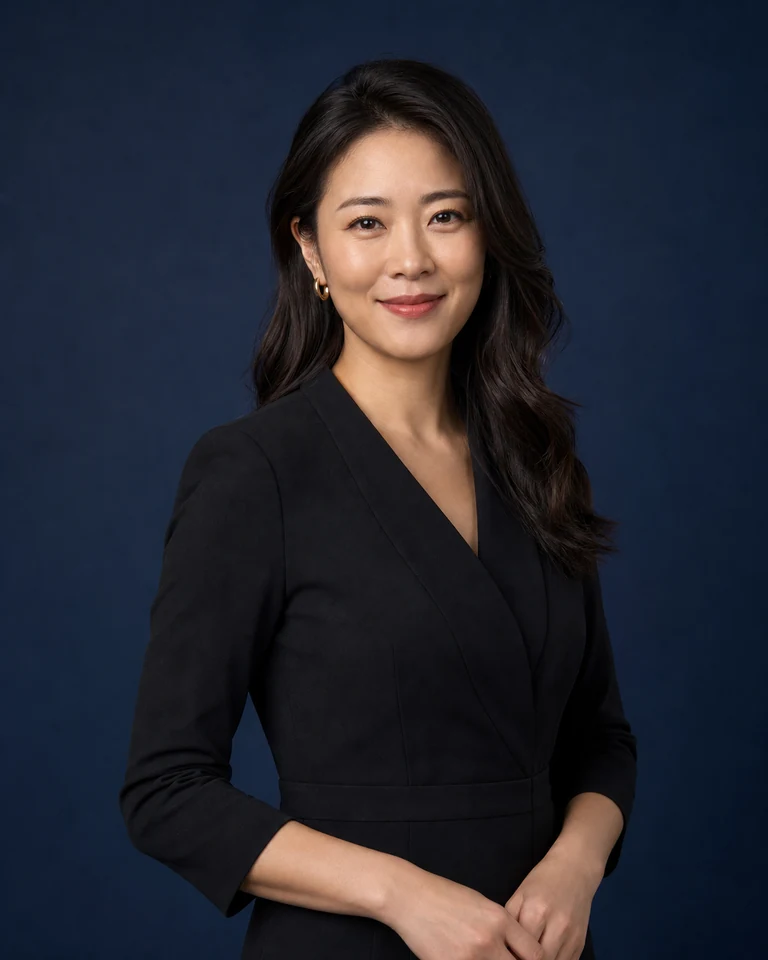 Fictional AI-generated female deep navy studio upper-body professional portrait