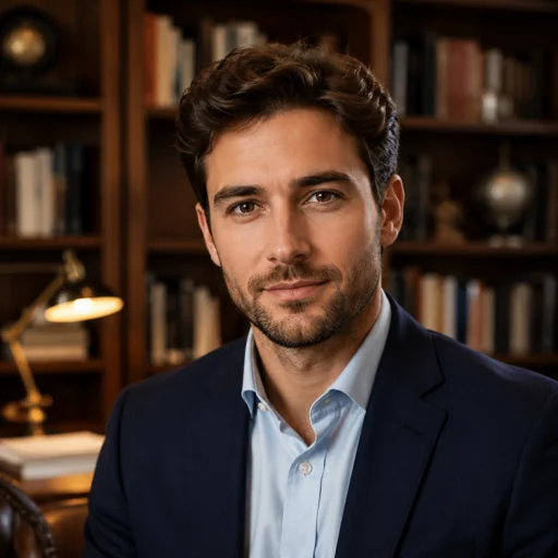 Fictional AI-generated bookshelf background headshot sample